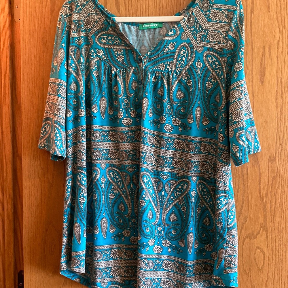 Kimmery XL paisley tunic blouse in turquoise and tan